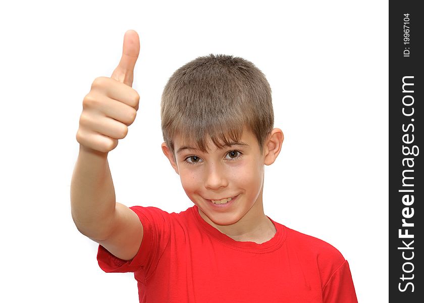 The boy shows emotion gestures. Isolated on white background