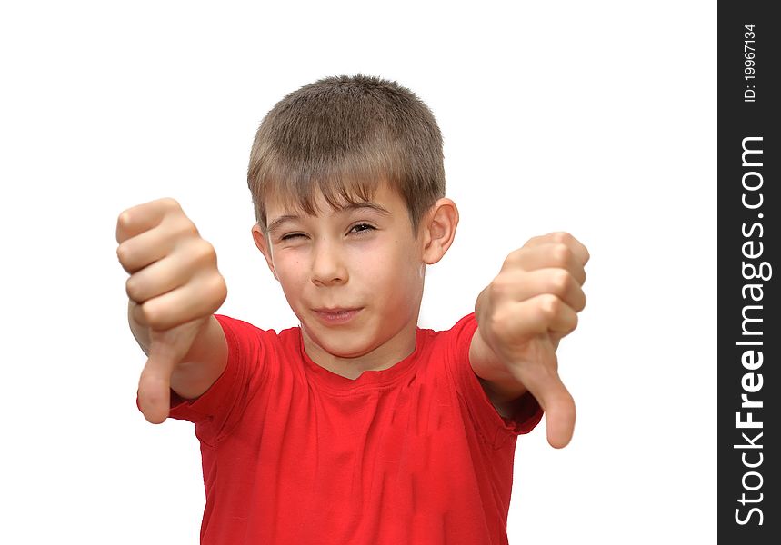 The boy shows emotion gestures. Isolated on white background