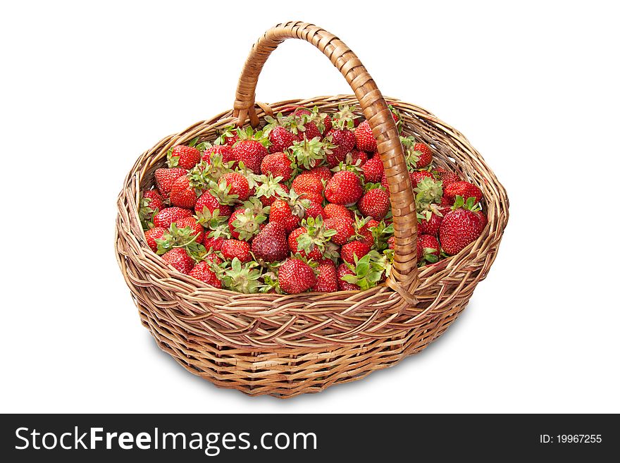 Full basket of ripe strawberries isolated on white background