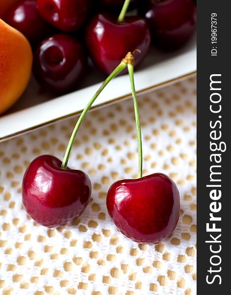 Two cherry on the plate with cherries.