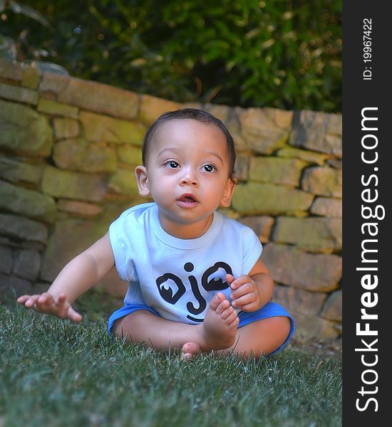 9 month old baby boy looking in wonder in a beautiful garden. 9 month old baby boy looking in wonder in a beautiful garden