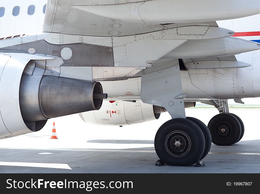 Engines and rear wheels/undercarriage of a modern public transport aircraft