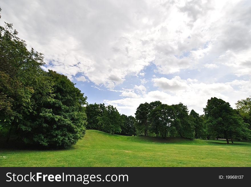 Landscape with green juicy leaves and beautiful cumulus clouds