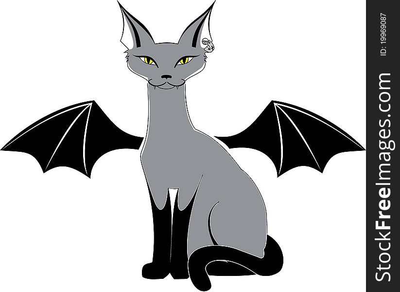 Devil black cat with bat wings