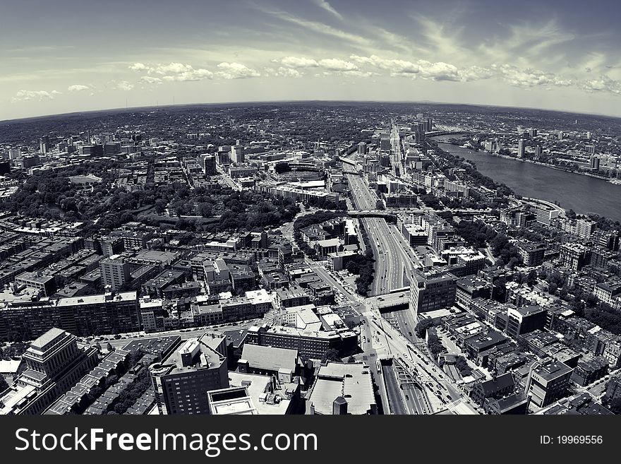 Aerial view of Boston in Massachusetts in a cross-processed photo.