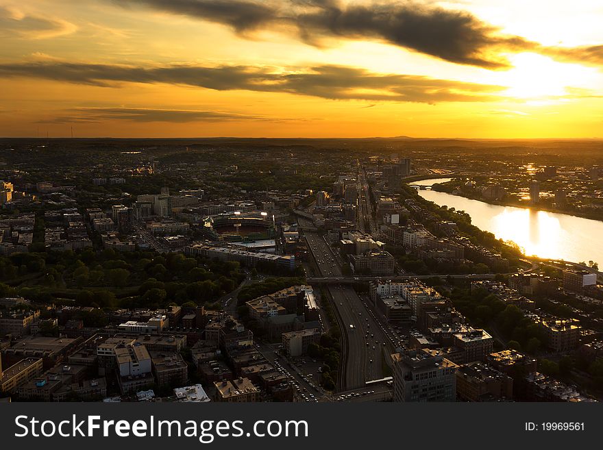 Aerial view of Boston in Massachusetts at sunset.