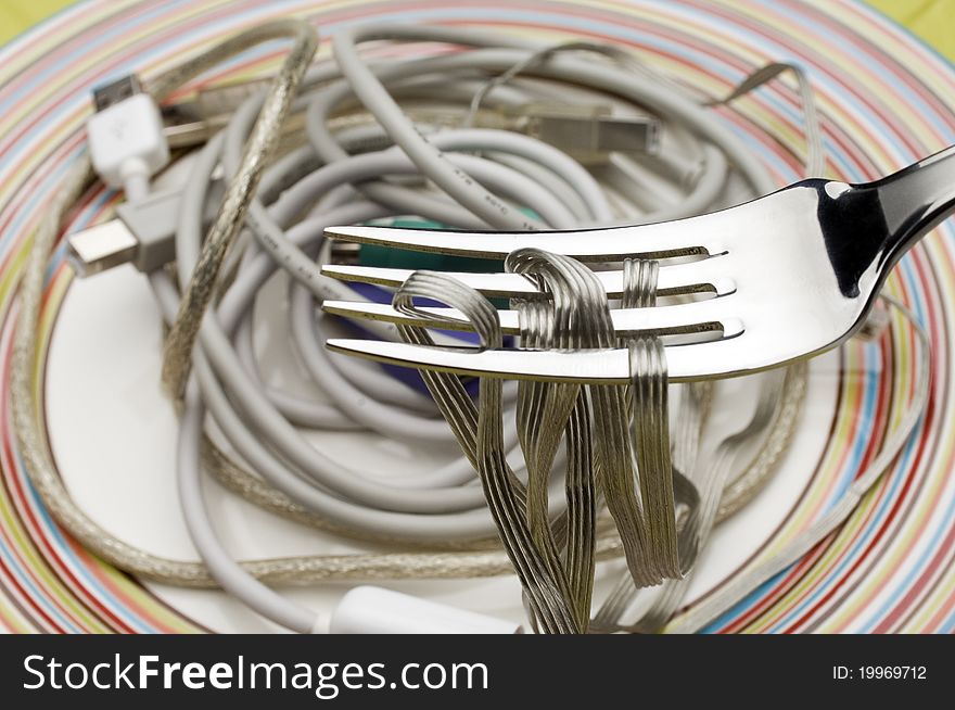 Computer cables on fork with plate