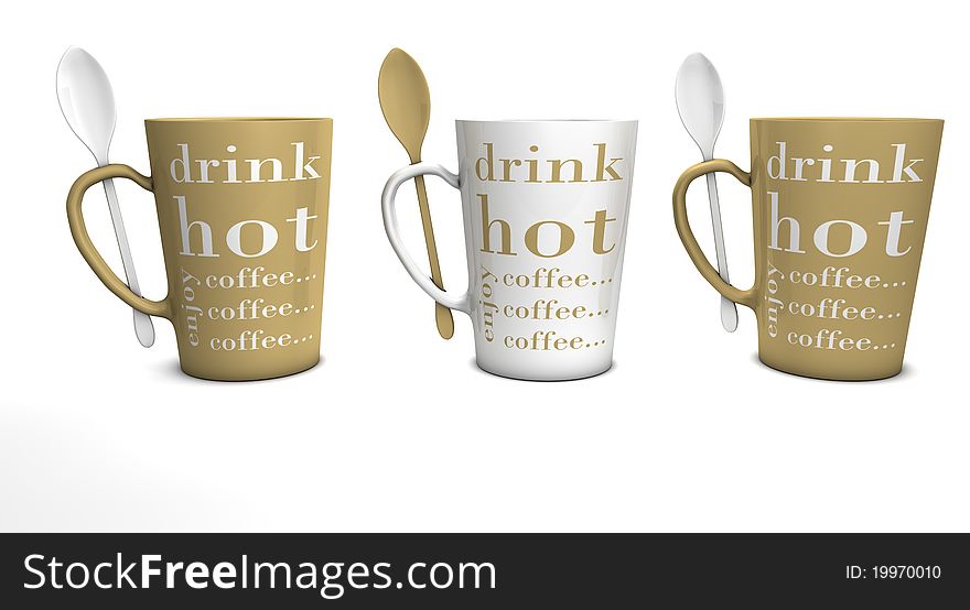 Three coffee mugs with spoons isolatet over white background. Three coffee mugs with spoons isolatet over white background