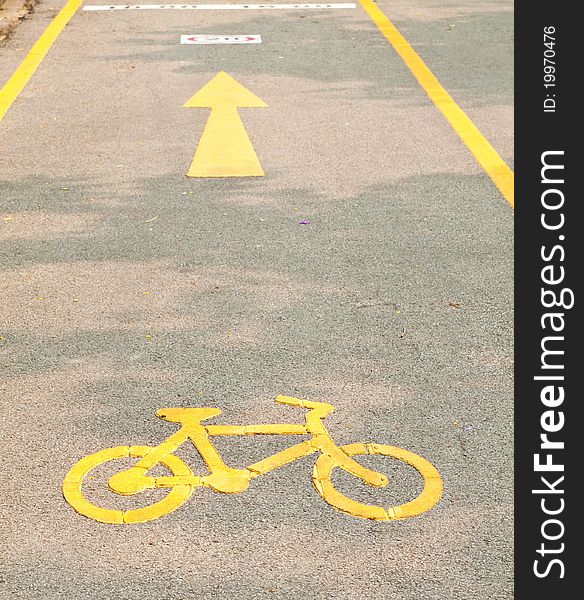 Yellow arrows and bicycle sign path on the road
