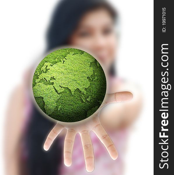 Young asian woman artwork of grass globe in palm
