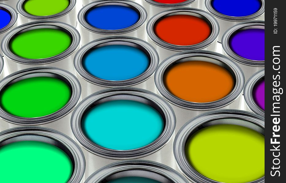 Image of paint cans with multi color. Image of paint cans with multi color