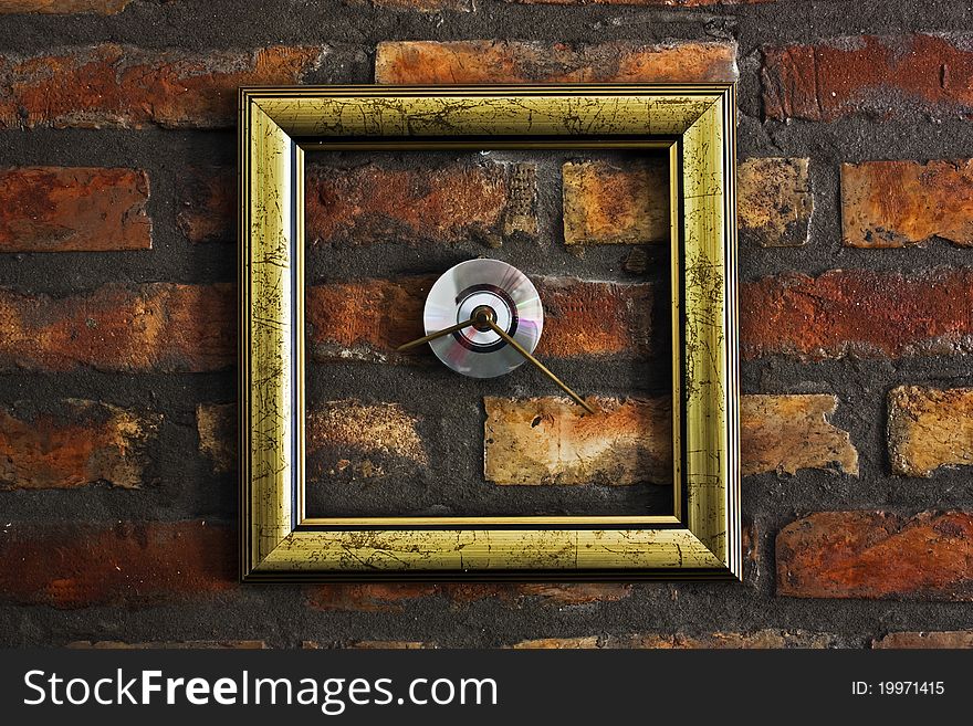 Four seconds on the clock framed, mounted on a wall of bricks. Four seconds on the clock framed, mounted on a wall of bricks