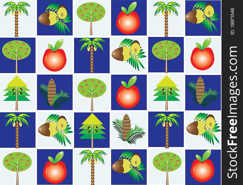 A repeated pattern of trees and its fruits. A repeated pattern of trees and its fruits.