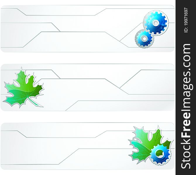 Sciency white banners with leaves and gears. Graphics are grouped and in several layers for easy editing. The file can be scaled to any size. Sciency white banners with leaves and gears. Graphics are grouped and in several layers for easy editing. The file can be scaled to any size.