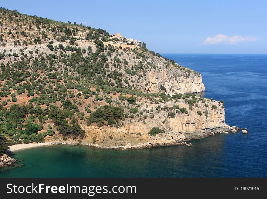 View of St Archangel Monastery from Livadi Beach - Thassos island, Greece