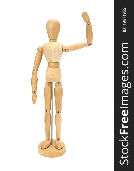 Waving wooden artists Mannequin over white