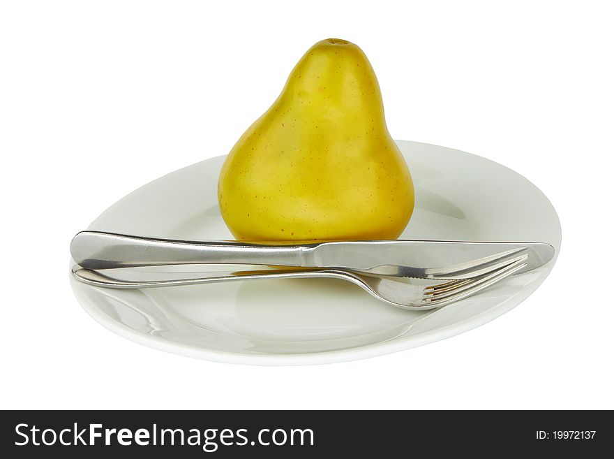 Pear on a plate isolated on white background