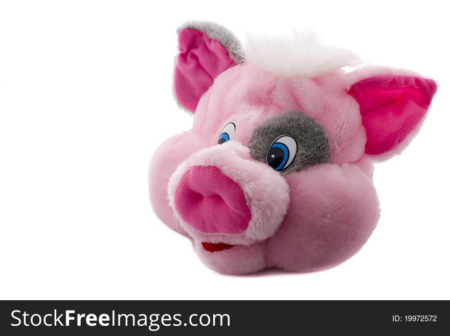 Funny pig head toy isolated on white background