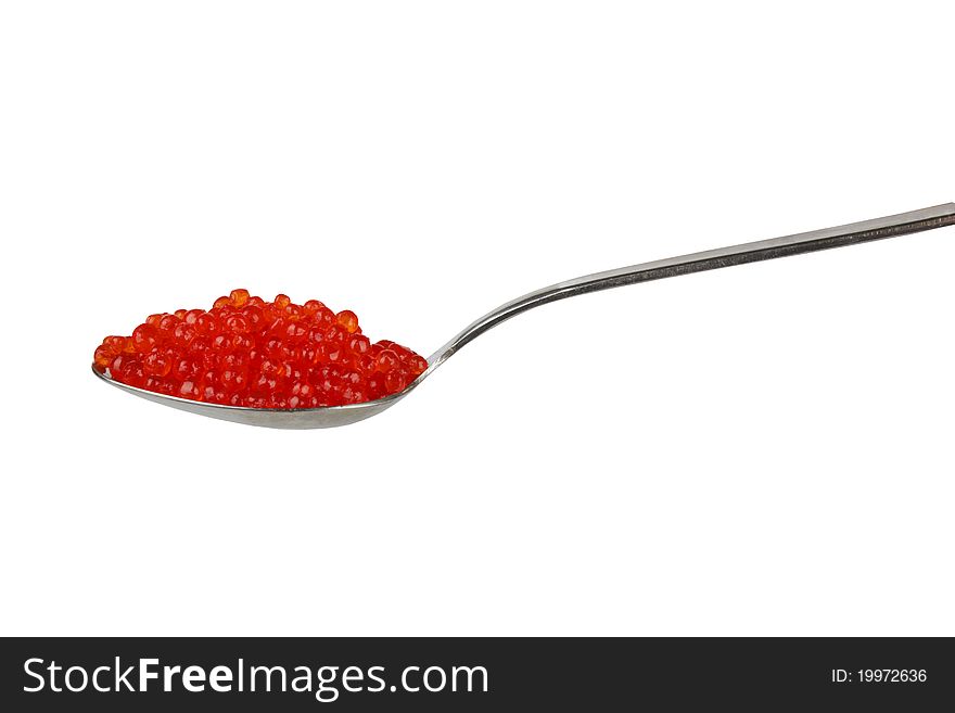 Teaspoon with red caviar isolated on white background