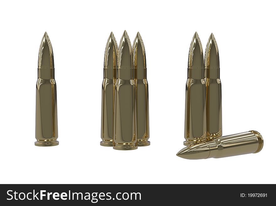3D rendering of some brass colored bullets - isolated on a white background. 3D rendering of some brass colored bullets - isolated on a white background