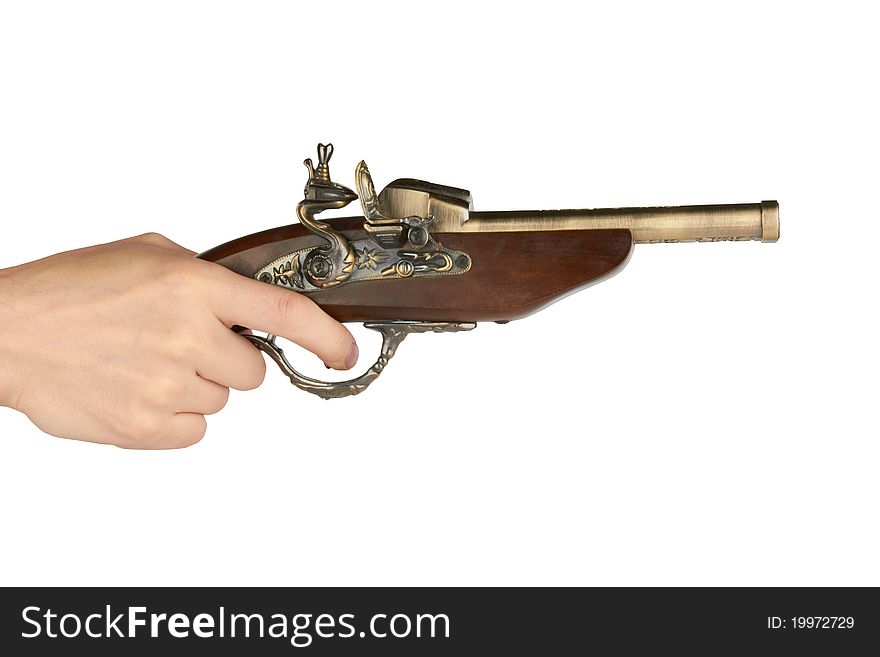 Old flintlock pistol isolated on white background