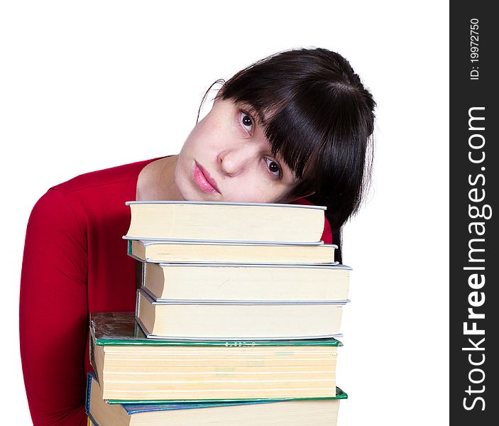 The young girl with books isolated