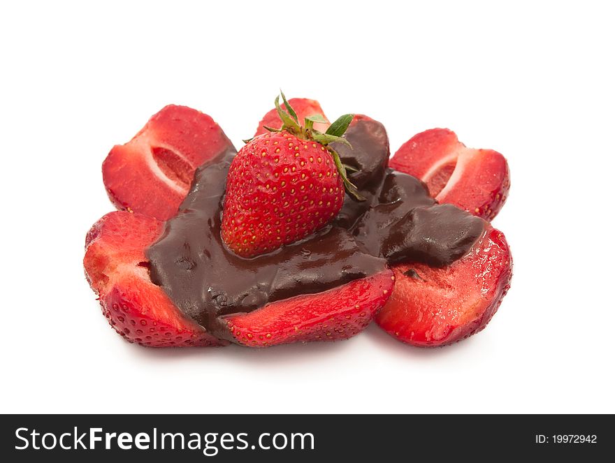 Strawberries in chocolate glaze on a white background