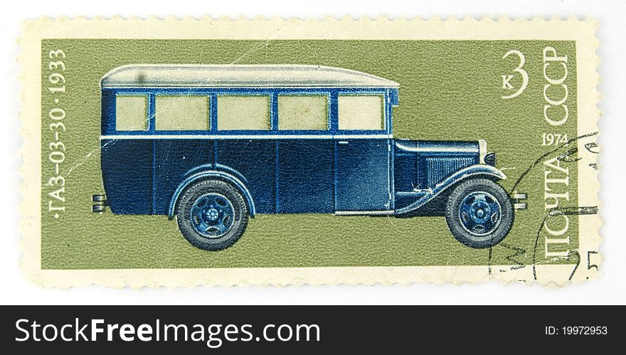 A cancelled stamp with a bus