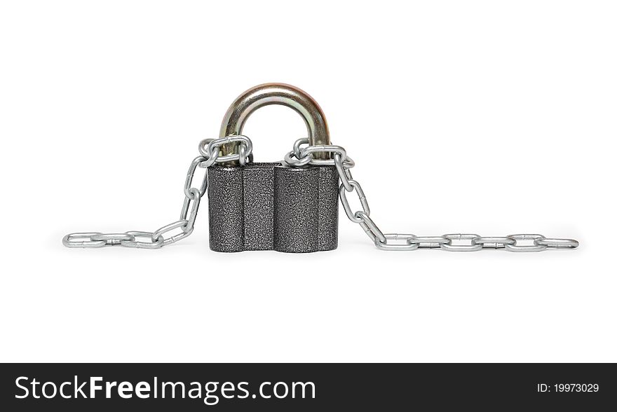 Closeup of locked padlock and metal chain on white background. Closeup of locked padlock and metal chain on white background