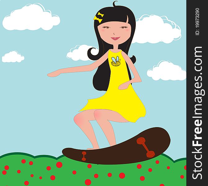 Vector Illustration of funky Young girl riding skateboard