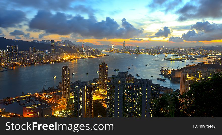 Victoria Harbour night scene of Yau Tong's hill. Victoria Harbour night scene of Yau Tong's hill