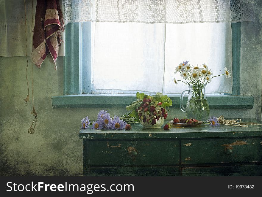 Still Life With Camomiles And Strawberry