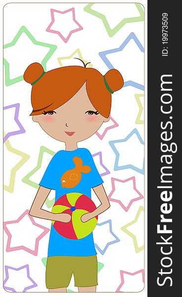 Vector Illustration of the little girl playing with the ball on the funky star background. Vector Illustration of the little girl playing with the ball on the funky star background