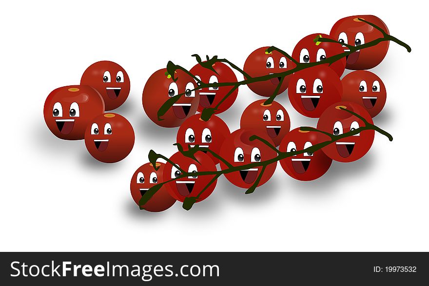 Photos clusters of tomatoes with an expression on a white background. Photos clusters of tomatoes with an expression on a white background