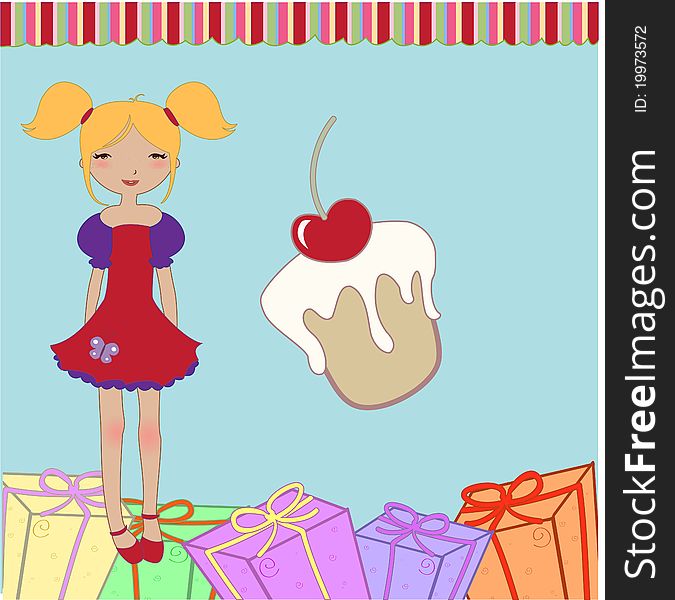 Vector Illustration of funny little girl with present boxes and sweet cake.
