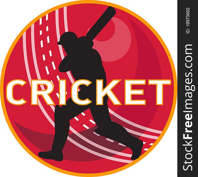 Illustration of a cricket sports ball with cricket player batsman batting with words cricket. Illustration of a cricket sports ball with cricket player batsman batting with words cricket