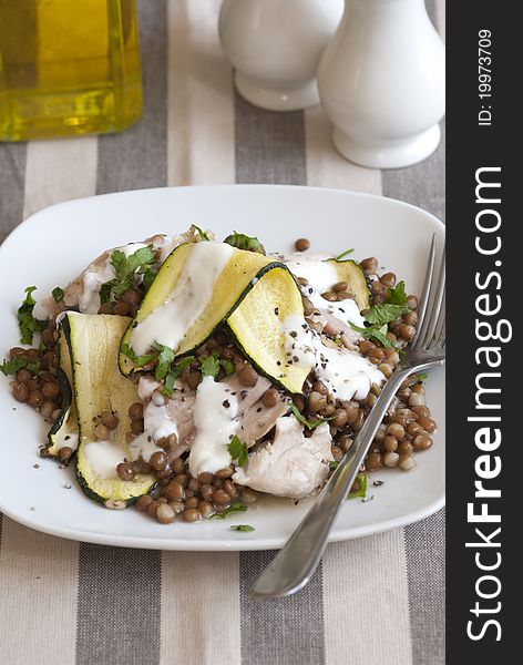 Griddled courgette, chicken and lentils with natural yogurt. Griddled courgette, chicken and lentils with natural yogurt