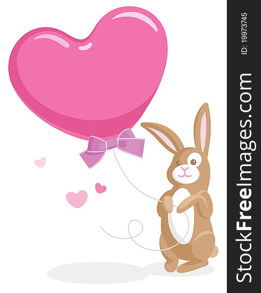 Greeting card with cute bunny holding a big heart-shaped balloon. Greeting card with cute bunny holding a big heart-shaped balloon