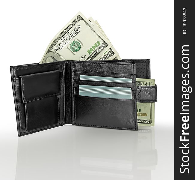Black leather wallet with money isolated on white background