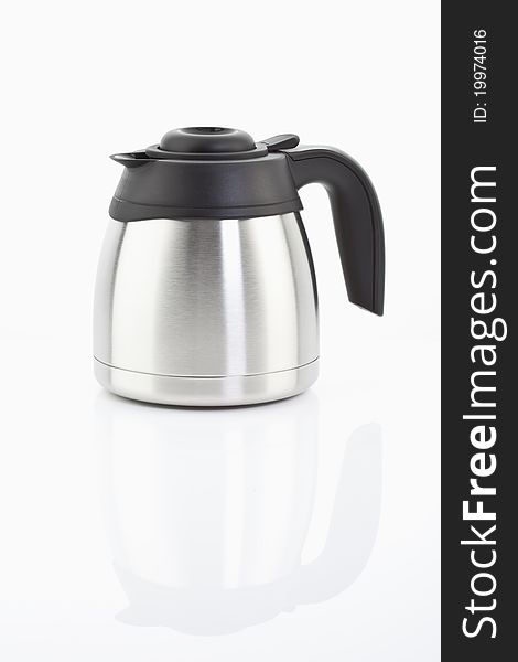 A chrome-plated thermos flask on white background