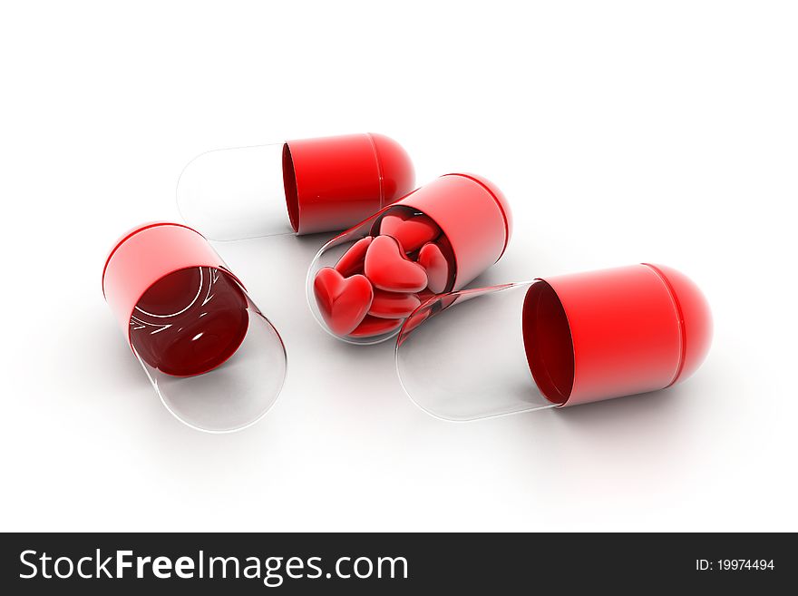 3d illustration of hearts filled in pill. Conceptual design