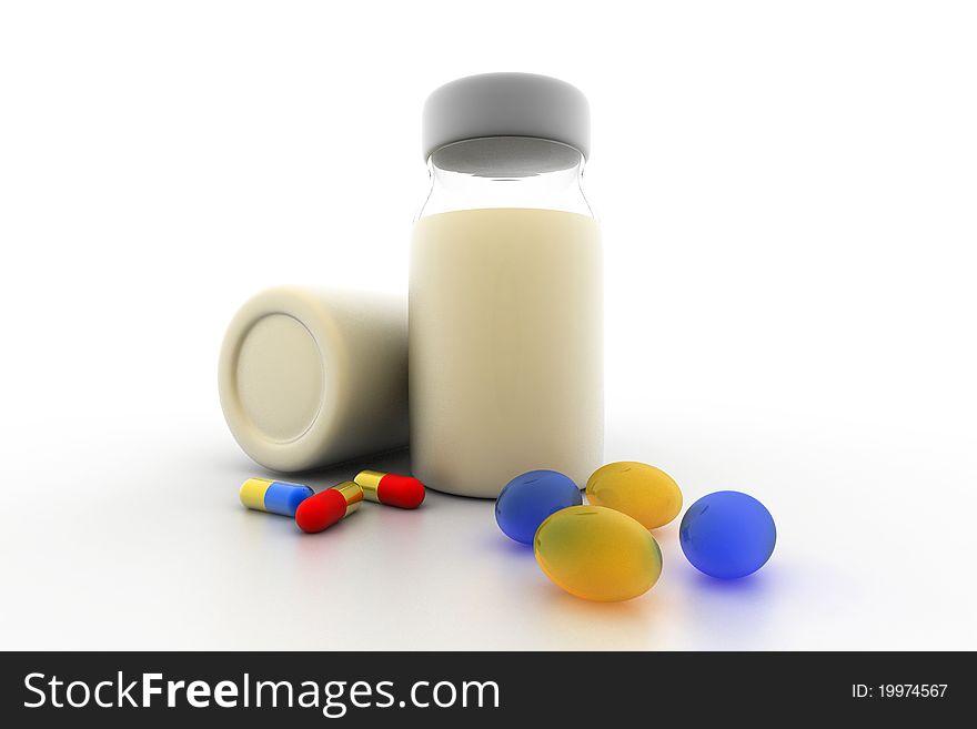 Digital illustration of medicine bottles and pills