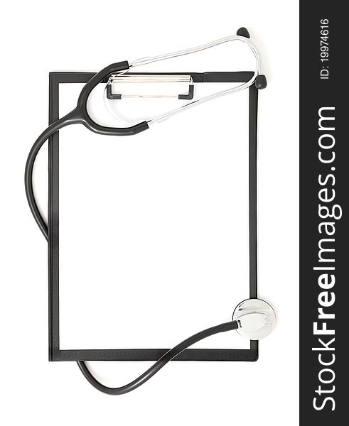 Clipboard and stethoscope isolated on white background. Clipboard and stethoscope isolated on white background