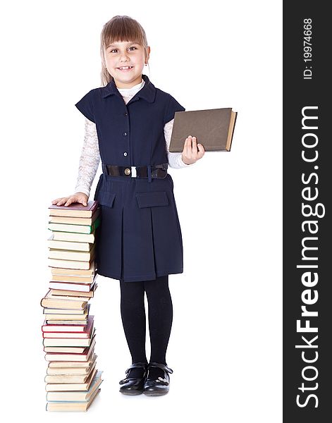 Schoolgirl with books. Isolated on white background. Schoolgirl with books. Isolated on white background