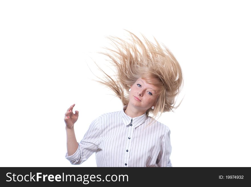 Golden hair young woman on white background with flying hair. Golden hair young woman on white background with flying hair