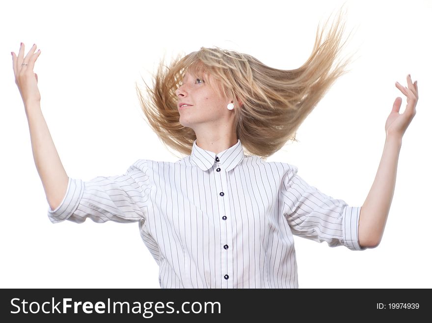 Golden hair young woman on white background with flying hair. Golden hair young woman on white background with flying hair