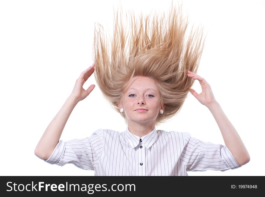 Golden hair young woman on white background with flying hair. Golden hair young woman on white background with flying hair