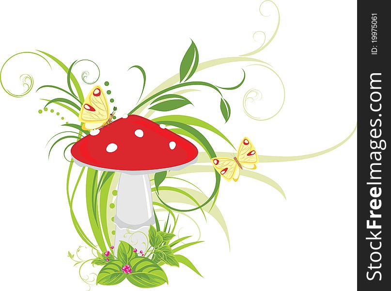 Fly agaric mushroom and butterflies