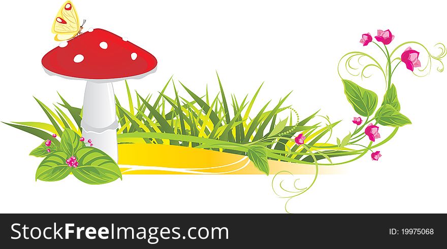 Fly agaric mushroom and flowers. Illustration