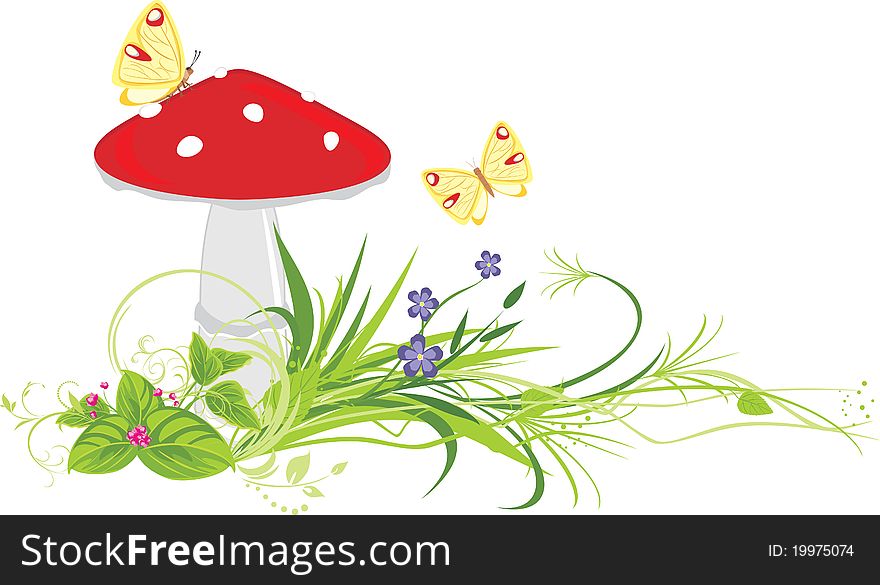 Fly agaric mushroom, flowers and butterflies